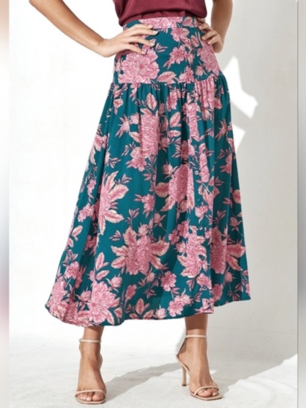 Abel The Label Teal and Pink Floral Maxi Skirt Size M